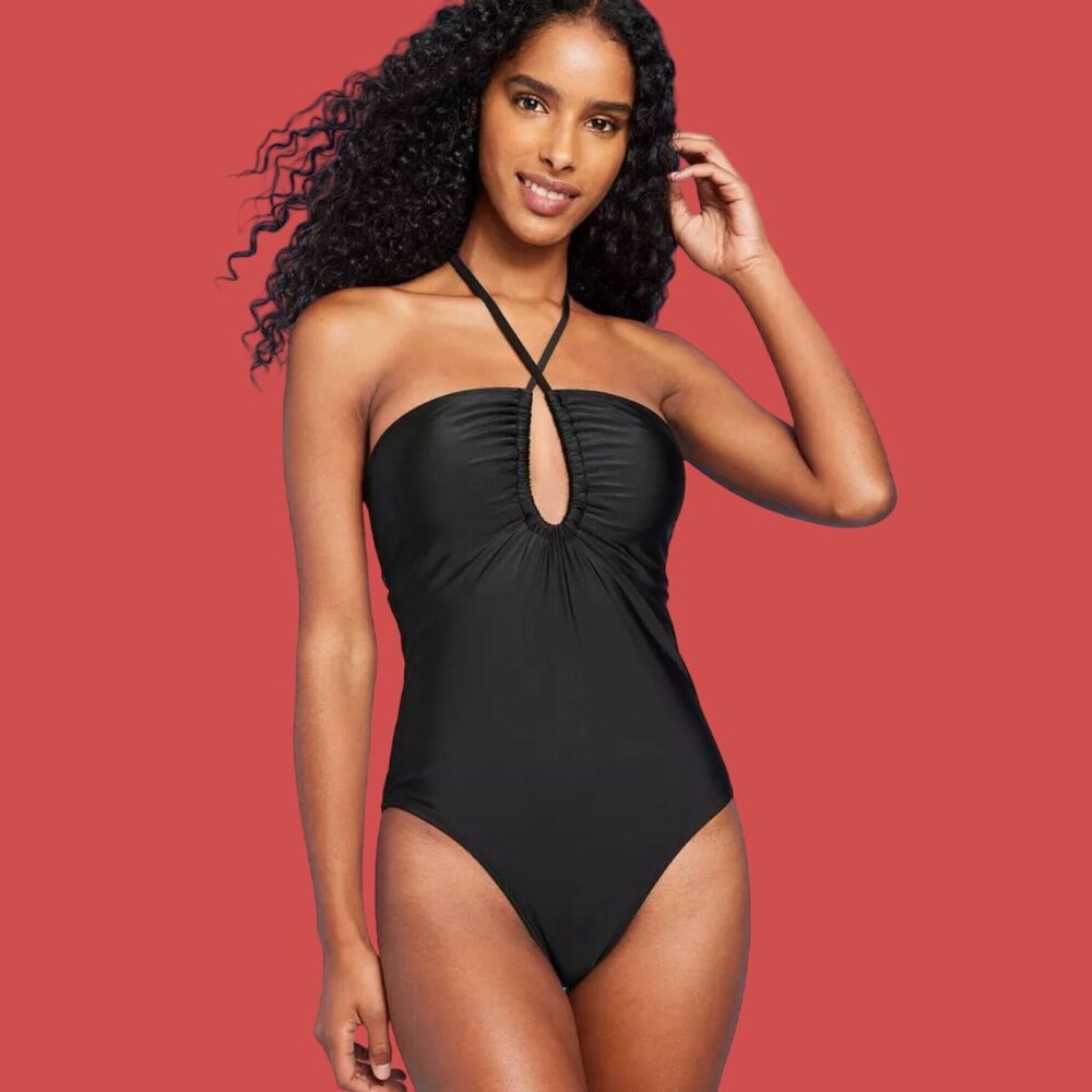 Shade & Shore- Women's Halter Keyhole Bandeau One Piece Swimsuit - Black - Small